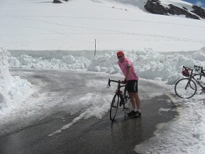 The snow cuts know ice for Steve on the Col Angel